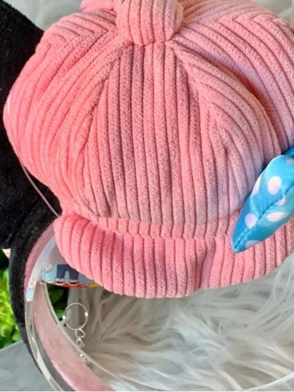 Disney Minnie Mouse Ears Headband Pink Hat Blue Bow Fluffy Plush